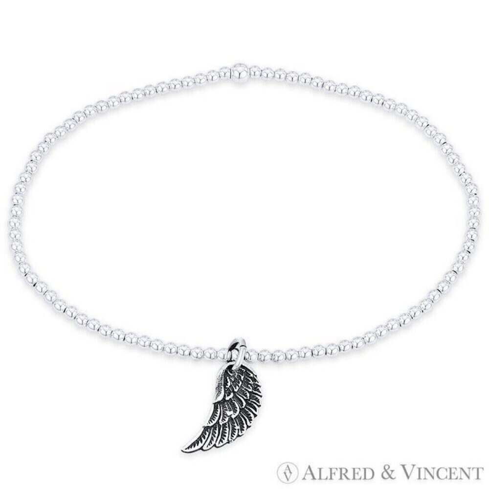 Angel's Wing Charm & Polished Ball Bead Stretch Bracelet in .925 Sterling Silver